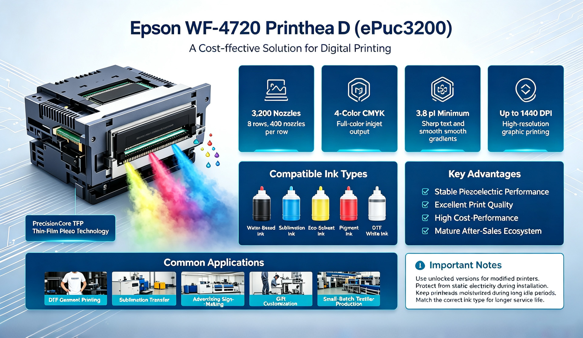 บล็อกบริษัทล่าสุดเกี่ยวกับ หัวพิมพ์ Epson WF-4720 EPS3200 | หัวพิมพ์ PrecisionCore TFP สำหรับการพิมพ์ DTF และการพิมพ์ระเหิด