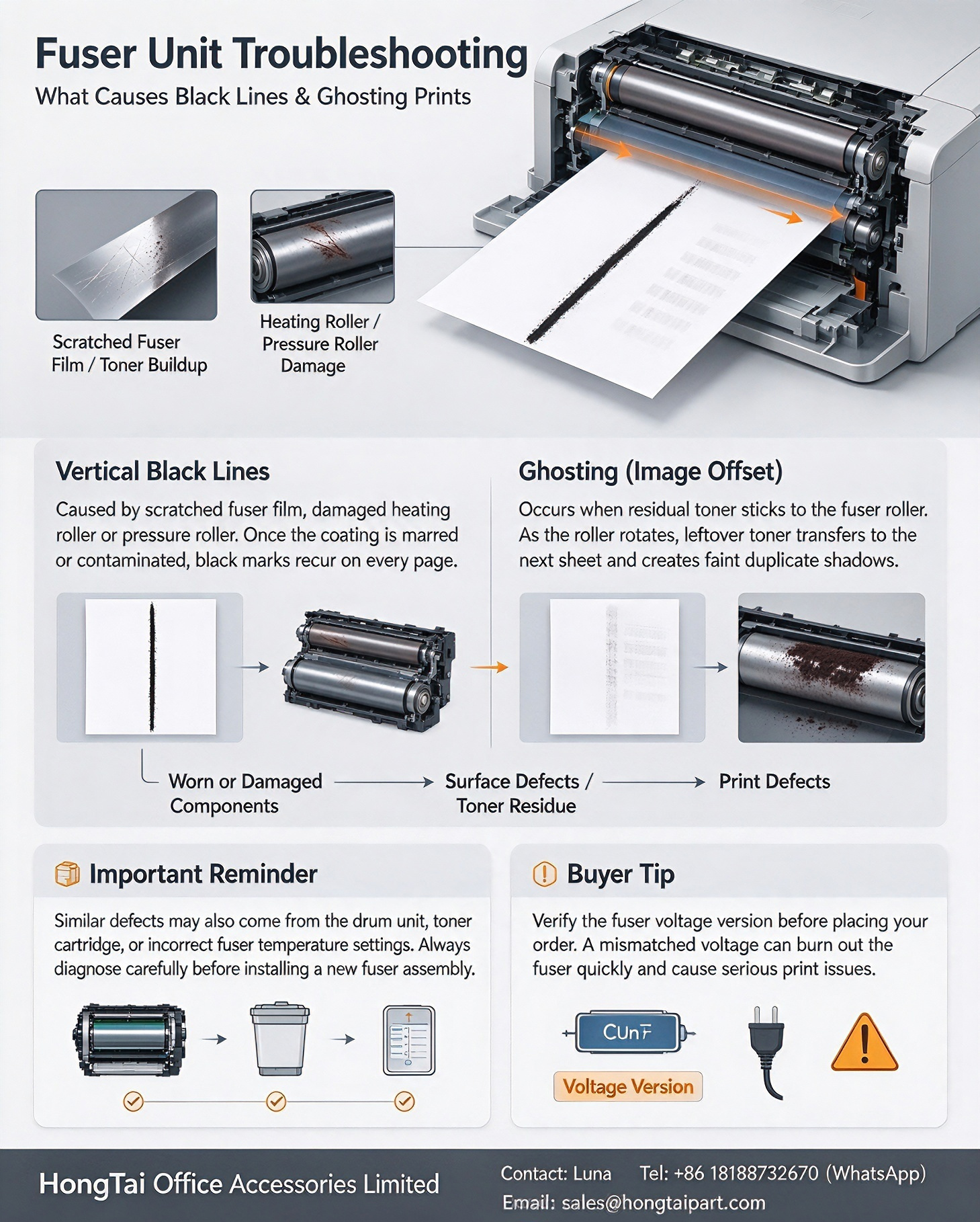 บล็อกบริษัทล่าสุดเกี่ยวกับ Fuser Unit Troubleshooting: What Causes Vertical Black Lines & Ghosting on Laser Prints
